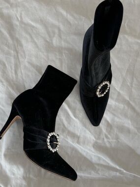 Raye Black Velvet Pointed Stiletto Ankle Boots with Crystal Buckle